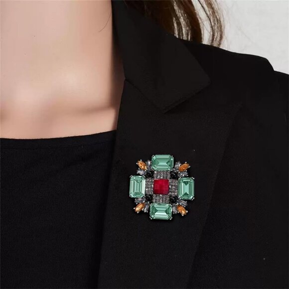 Baroque Rhinestone Brooch Pin for Women Men Vintage Rectangle Crystal Round Ball - Picture 2 of 6